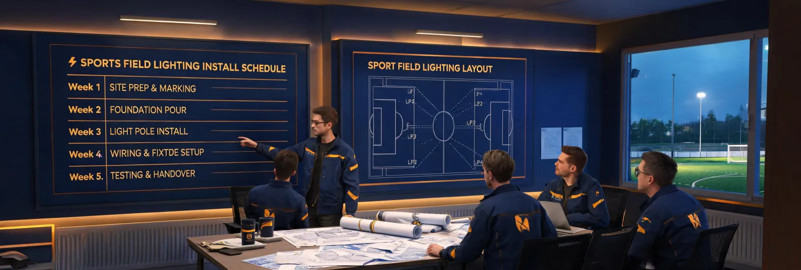 lighting operations team reviewing project boards